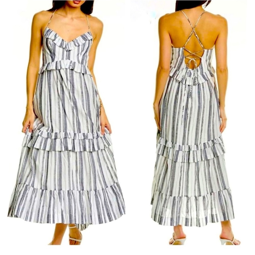 cinq a sept Striped Backless Ruffle Maxi Dress in White and Black